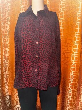 New York Design Co Red Leopard Button Up Top Medium Statement Blouse